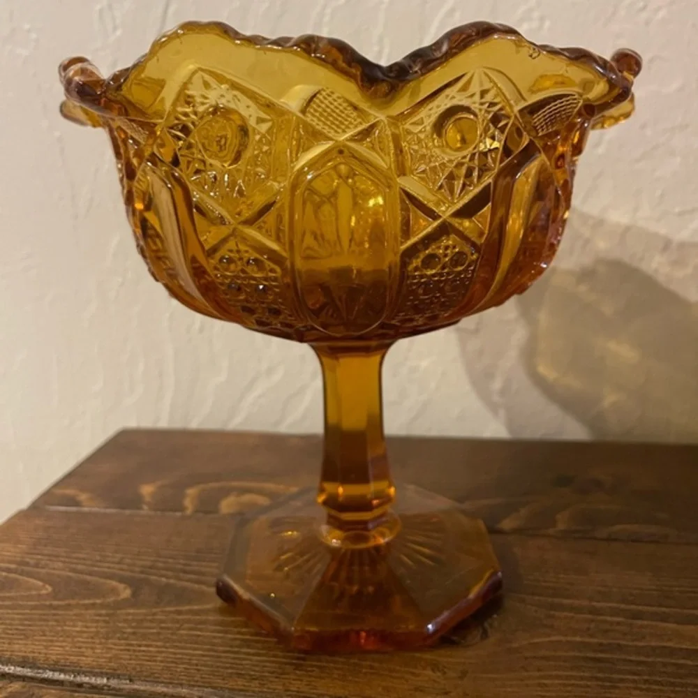 LE Smith Compote Candy Dish Amber Glass Vintage Heritage Hobstar Cane‎ & Arch
